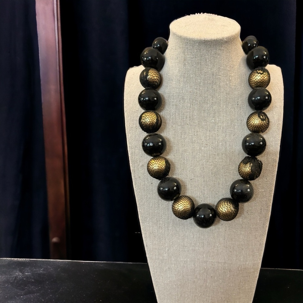 Bold Black & Gold Chunky Beaded Statement Necklace Ribbon Tie